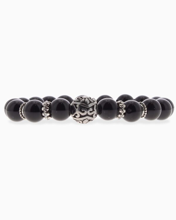 Bracelet perles et 1 rd métal - Agate Noire - Argent.