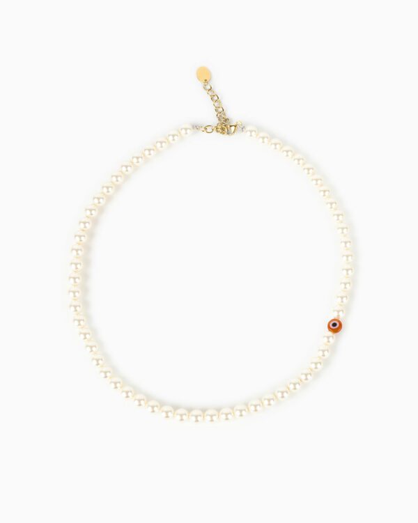 Collier Perles Imit Oeil - Cream - Orange/Or Jaune